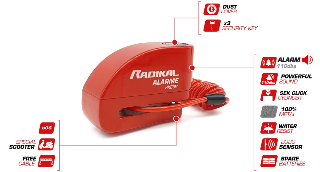 RADIKAL / RK66R Motosiklet Disk Kilit Alarmı 110db Güçlendirilmiş Su Geçirmez Kilit - Görsel 3