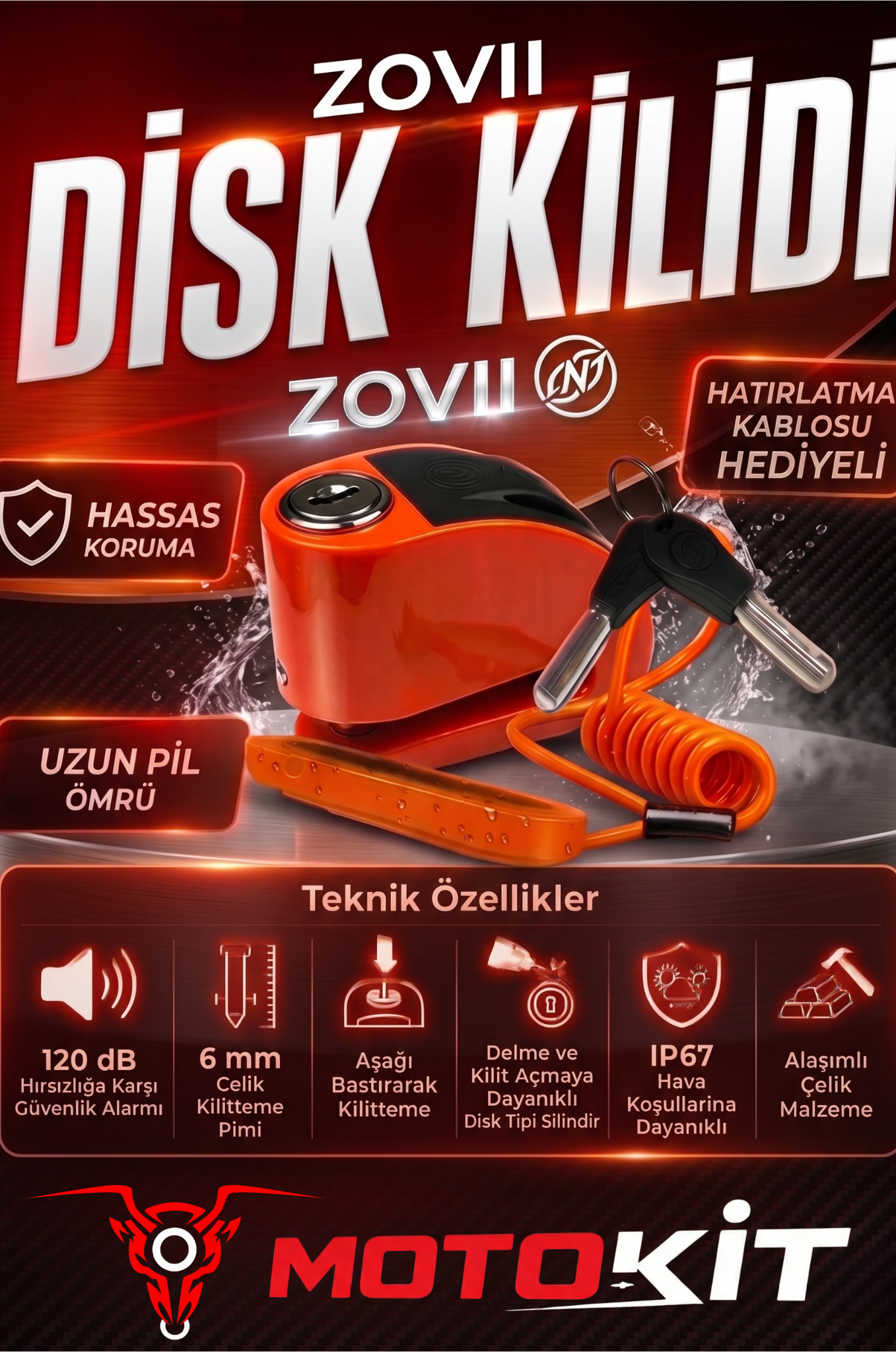 ZT6 | Turuncu 120 dB Alarmlı Motosiklet Disk Kilidi – IP67, Su Geçirmez, Çelik Güvenlik Kilidi - Görsel 4